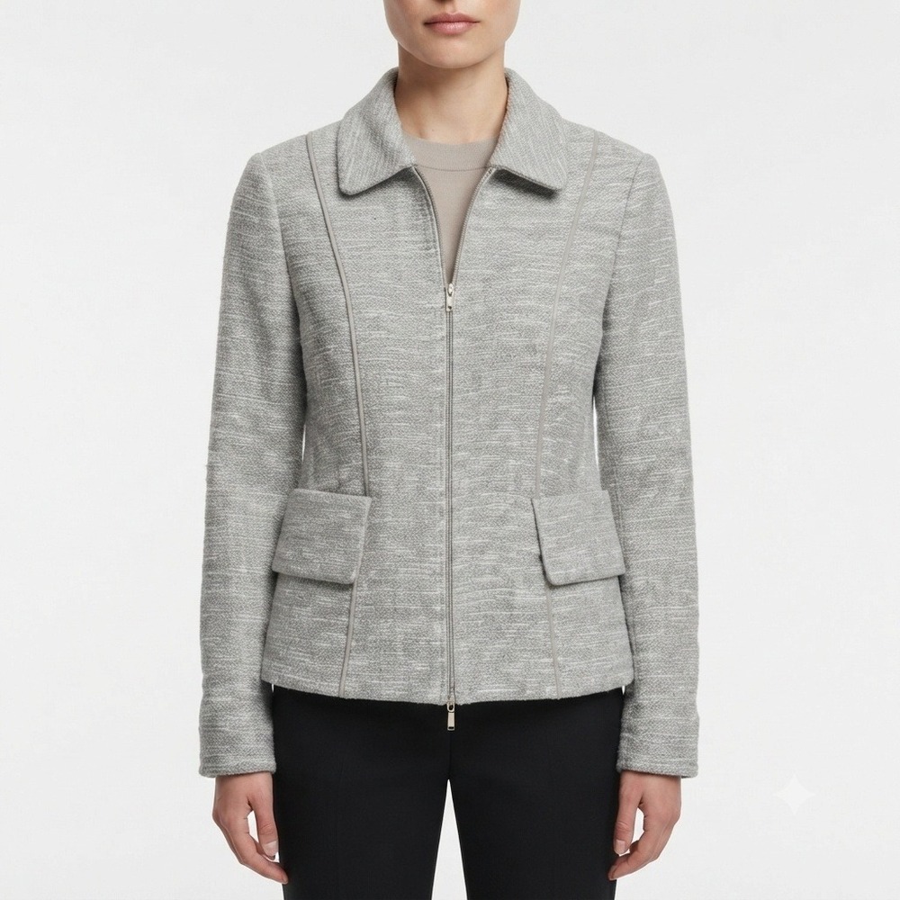 Akris Punto Full-Zip Tweed Jacket Gray Women Size 12 Textured Blazer Office‎